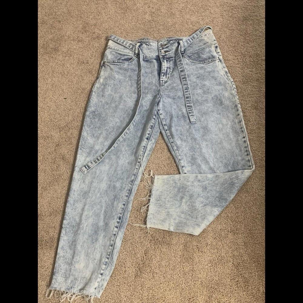 So High Rise Vintage Stretch Mom Jeans Size 15 Blue Belted Button Raw Hem